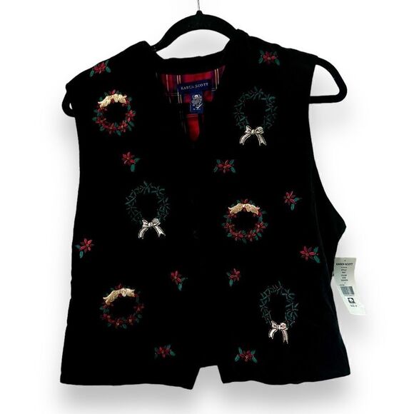 Karen Scott Christmas Vest Med Black Velvet Christmas Wreath Gift NWT - Picture 1 of 8